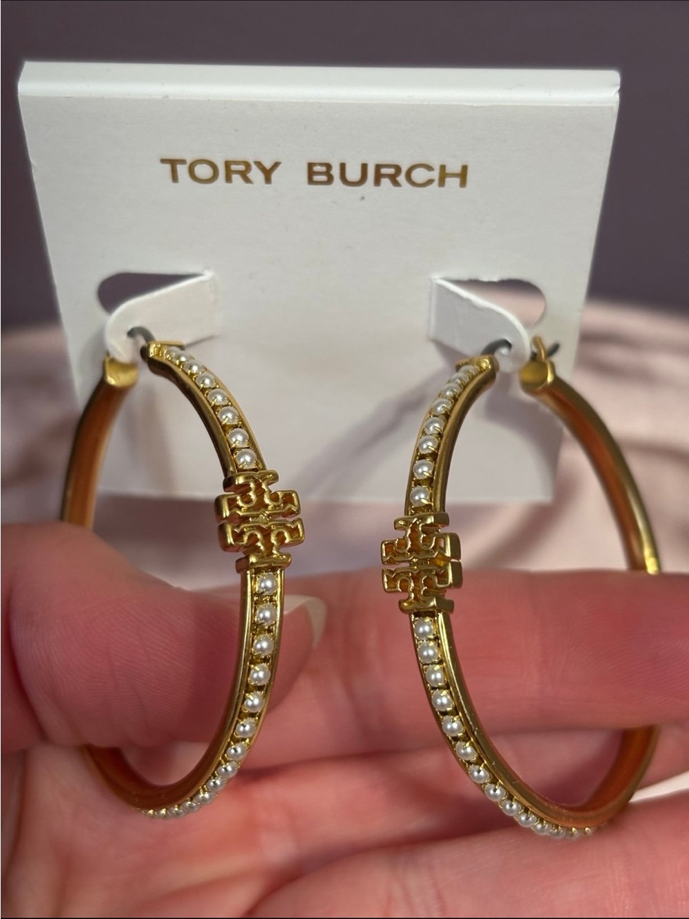 Tory Burch Gold Hoops with Pearl Bead Trim